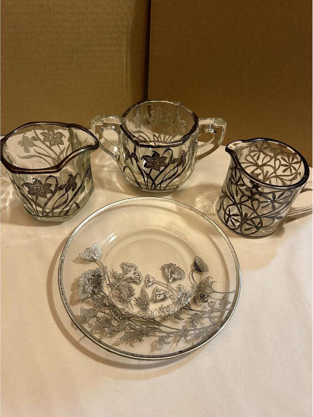Rare Set .925 Overlay Crystal CREAM & SUGAR BOWL SET by A H HEISEY Collectibles